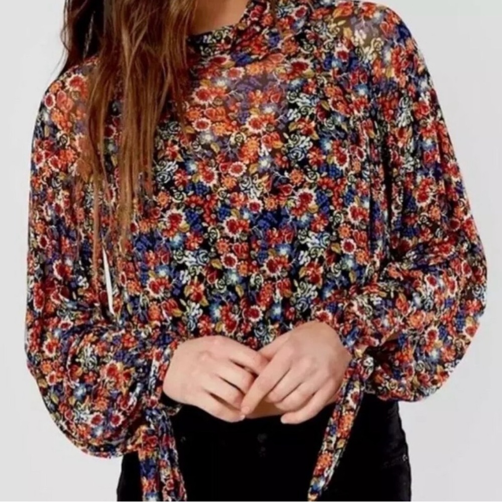 Free People All Dolled Up Mesh Sheer S Floral Long Sleeve Top Balloon High Neck - Picture 5 of 11